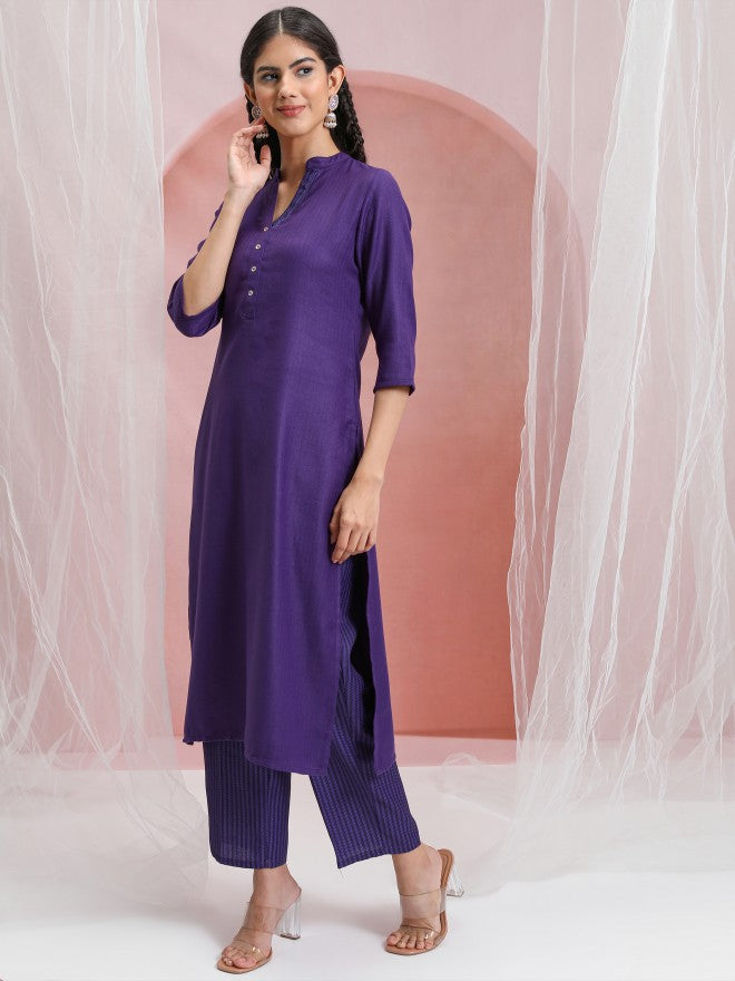 Vishudh Women Purple Solid Kurta With Trouser - Purple - Image 4