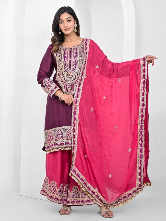 Vishudh Women Purple Kurta With Palazzo And Dupatta - Maroon - Image 1
