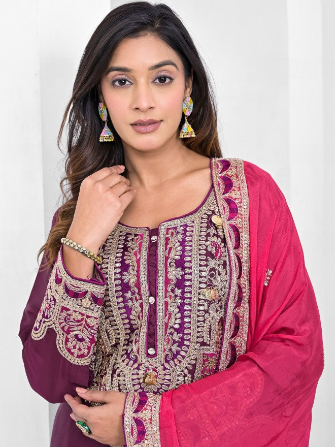 Vishudh Women Purple Kurta With Palazzo And Dupatta - Maroon - Image 2