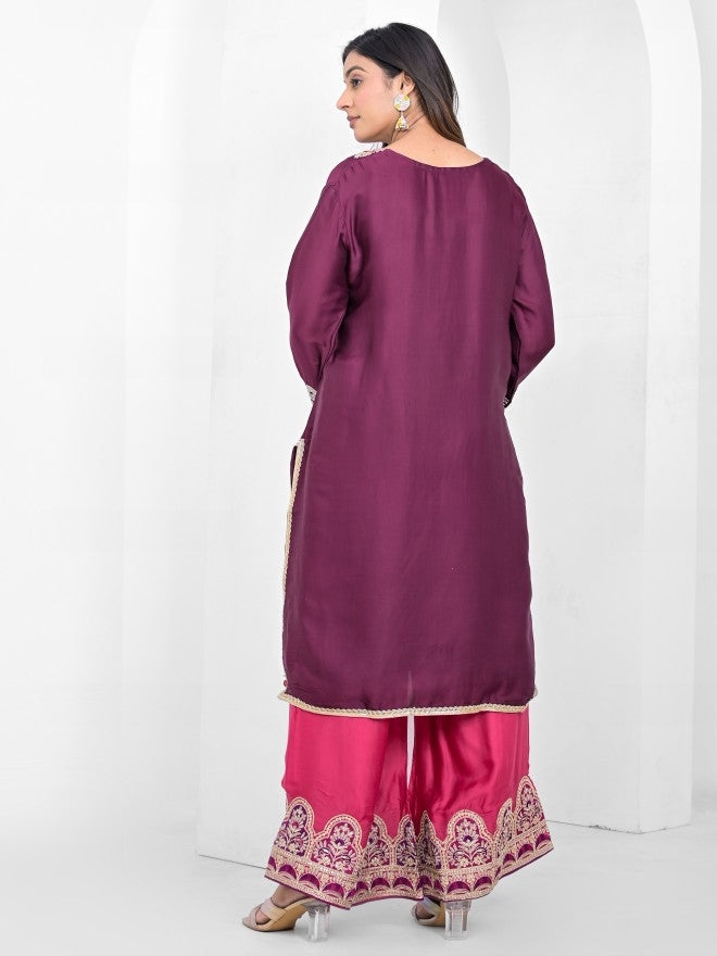 Vishudh Women Purple Kurta With Palazzo And Dupatta - Maroon - Image 3