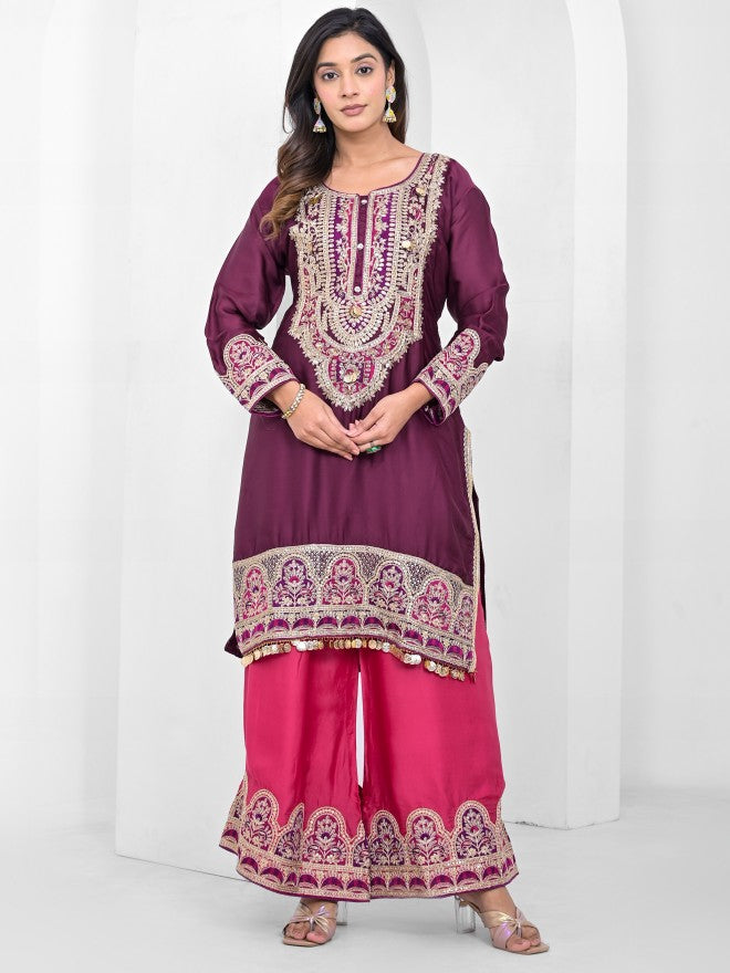 Vishudh Women Purple Kurta With Palazzo And Dupatta - Maroon - Image 4