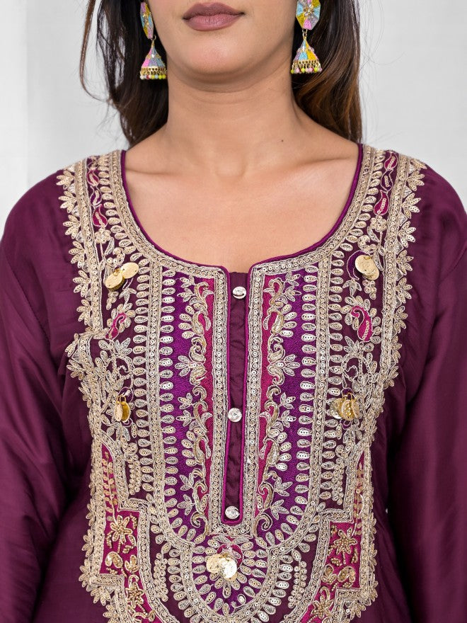 Vishudh Women Purple Kurta With Palazzo And Dupatta - Maroon - Image 5