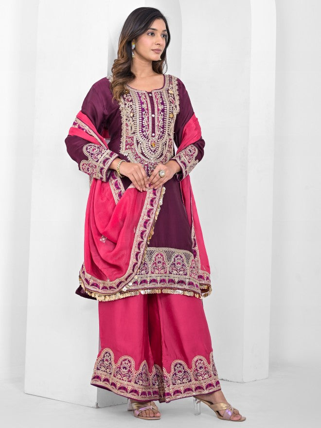 Vishudh Women Purple Kurta With Palazzo And Dupatta - Maroon - Image 6