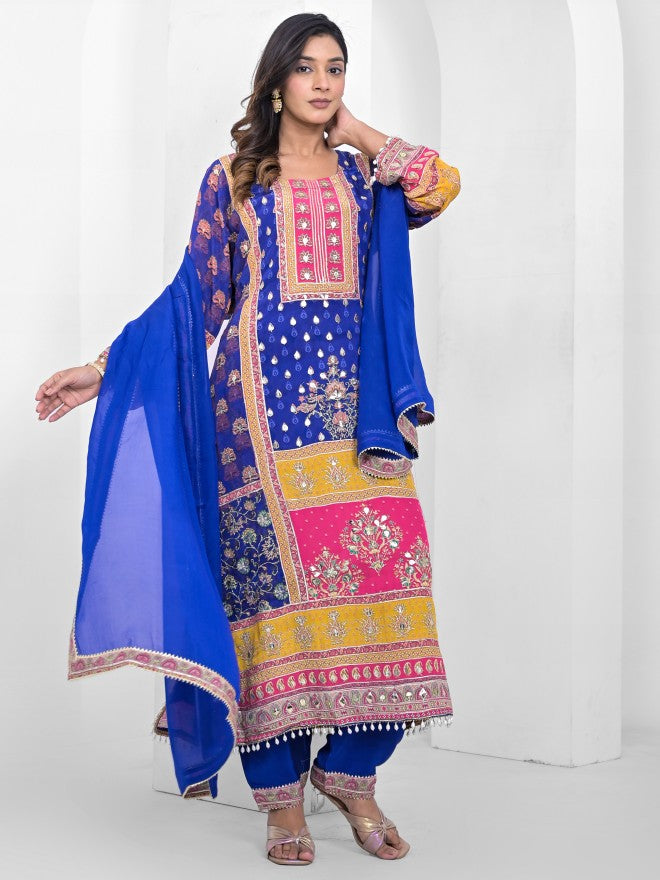 Vishudh Women Blue Embroidered Kurta With Trouser & Dupatta - Blue - Image 1