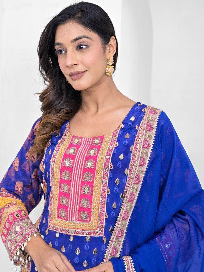 Vishudh Women Blue Embroidered Kurta With Trouser & Dupatta - Blue - Image 2