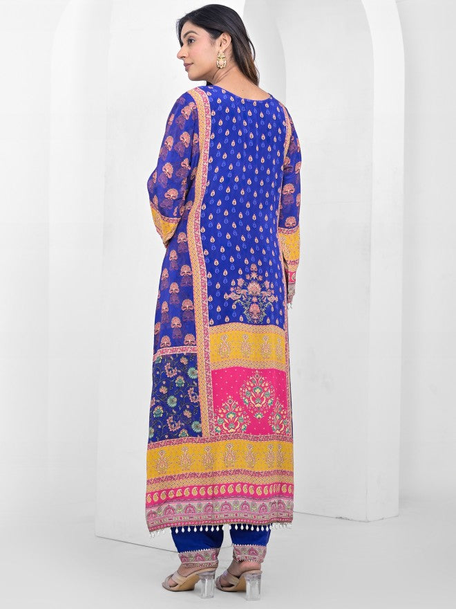 Vishudh Women Blue Embroidered Kurta With Trouser & Dupatta - Blue - Image 3