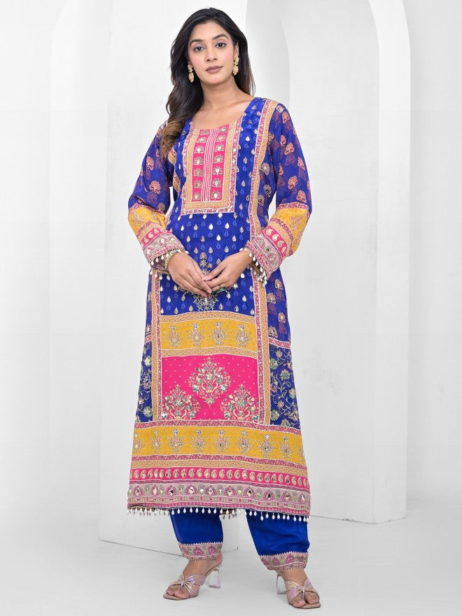 Vishudh Women Blue Embroidered Kurta With Trouser & Dupatta - Blue - Image 4