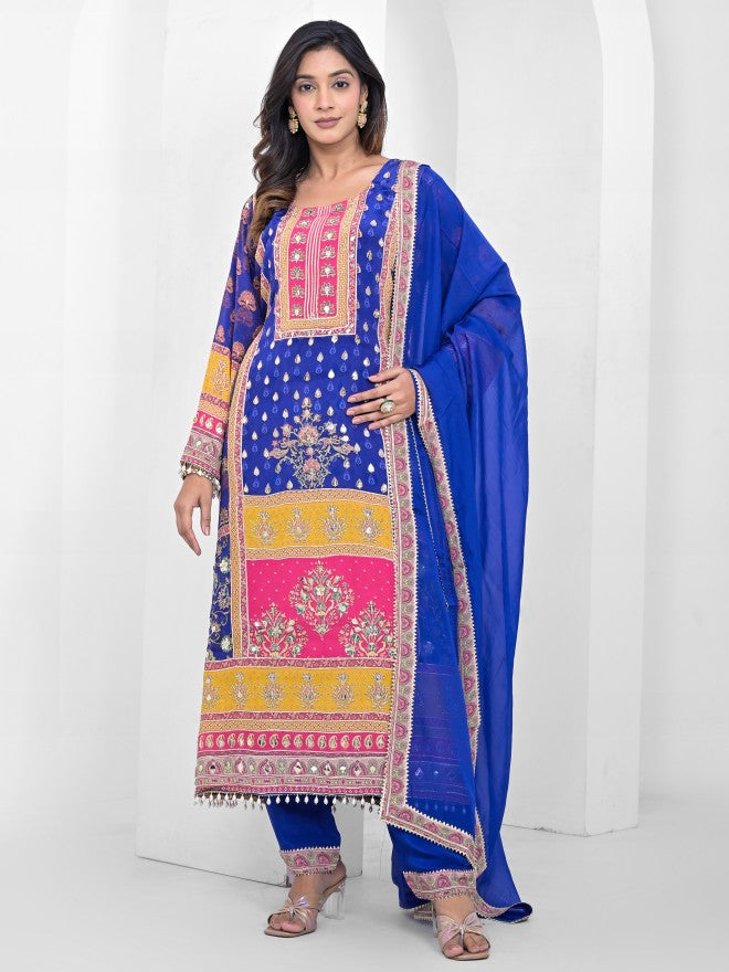 Vishudh Women Blue Embroidered Kurta With Trouser & Dupatta - Blue - Image 6