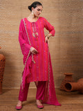 Vishudh Women Pink Embroidered Kurta With Trouser And Dupatta - Pink - Image 1