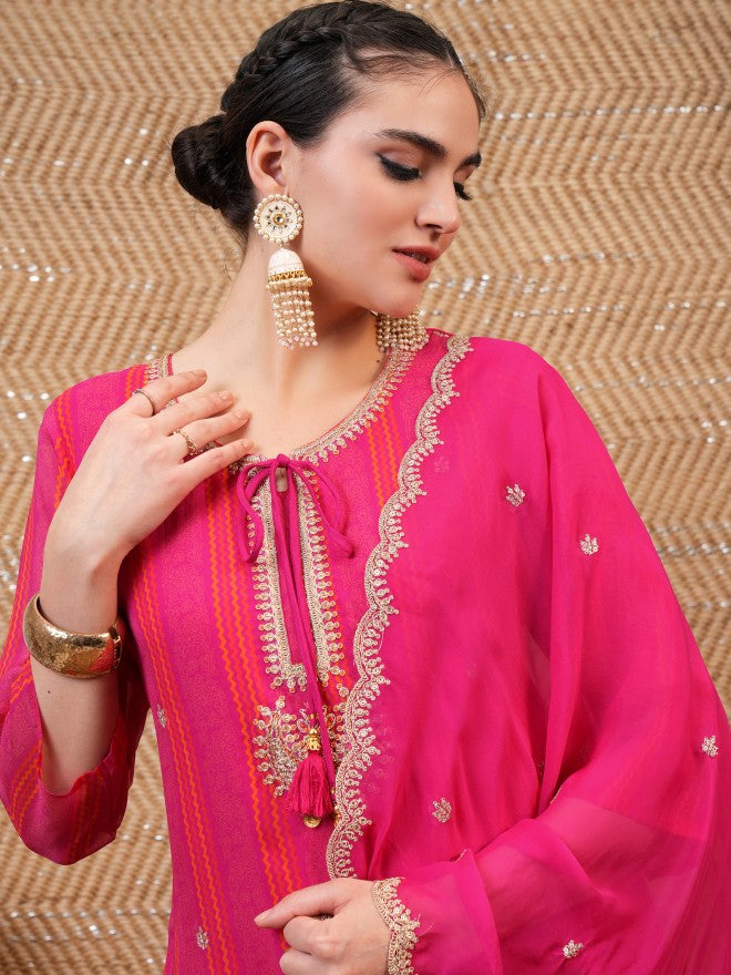 Vishudh Women Pink Embroidered Kurta With Trouser And Dupatta - Pink - Image 2