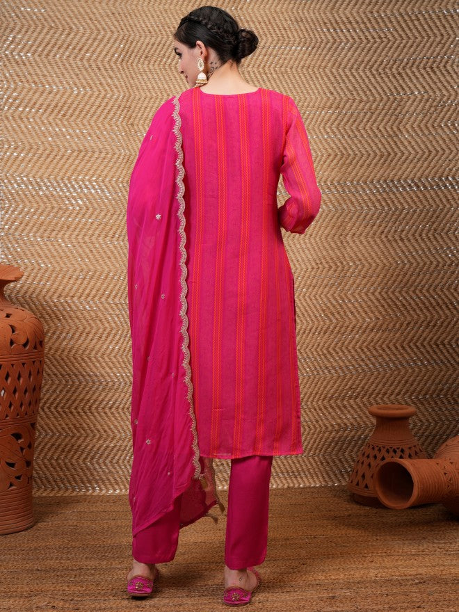 Vishudh Women Pink Embroidered Kurta With Trouser And Dupatta - Pink - Image 3