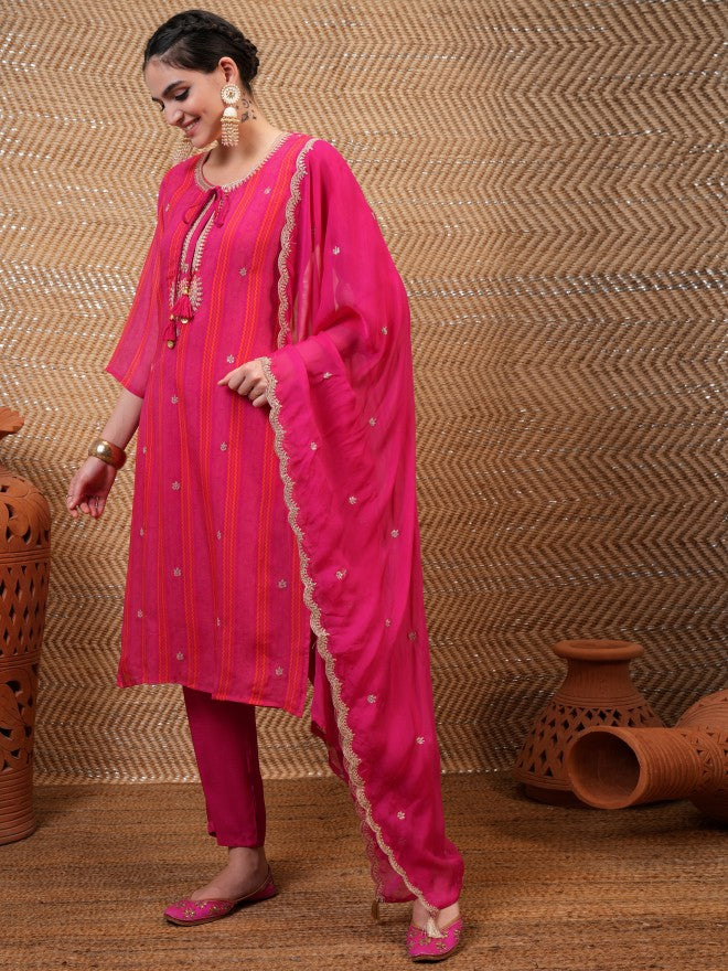 Vishudh Women Pink Embroidered Kurta With Trouser And Dupatta - Pink - Image 4