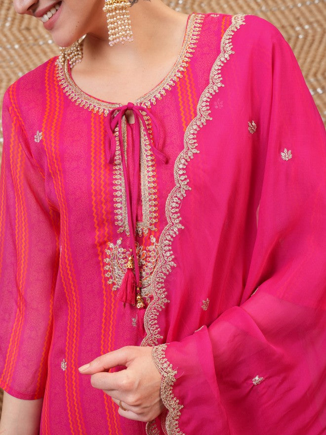 Vishudh Women Pink Embroidered Kurta With Trouser And Dupatta - Pink - Image 5