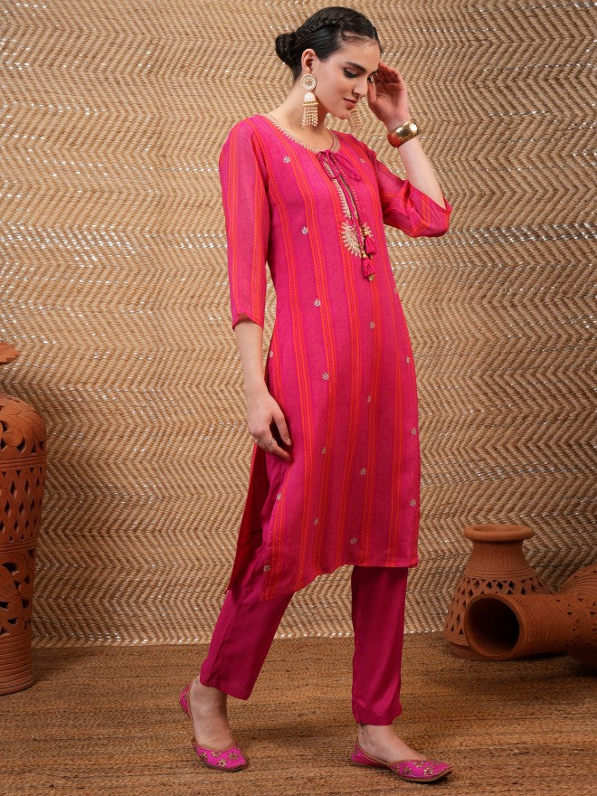 Vishudh Women Pink Embroidered Kurta With Trouser And Dupatta - Pink - Image 6
