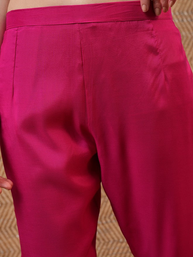 Vishudh Women Pink Embroidered Kurta With Trouser And Dupatta - Pink - Image 7