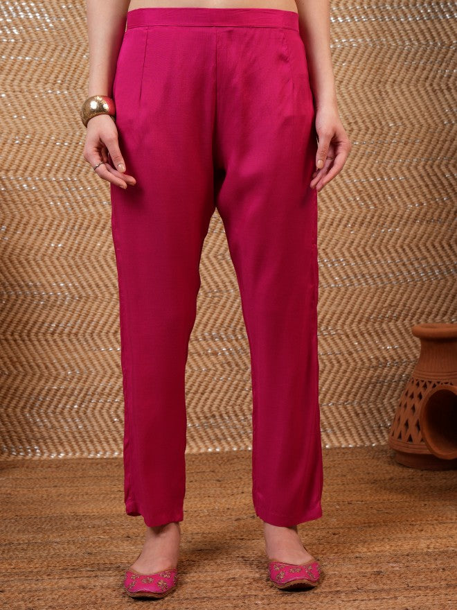 Vishudh Women Pink Embroidered Kurta With Trouser And Dupatta - Pink - Image 8