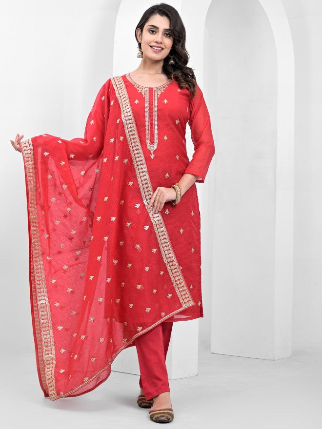 Vishudh Women Red Embroidered Kurta With Trousers And Dupatta - Red - Image 1
