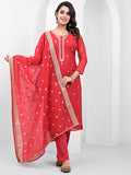 Vishudh Women Red Embroidered Kurta With Trousers And Dupatta - Red - Image 1