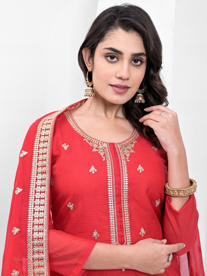 Vishudh Women Red Embroidered Kurta With Trousers And Dupatta - Red - Image 2