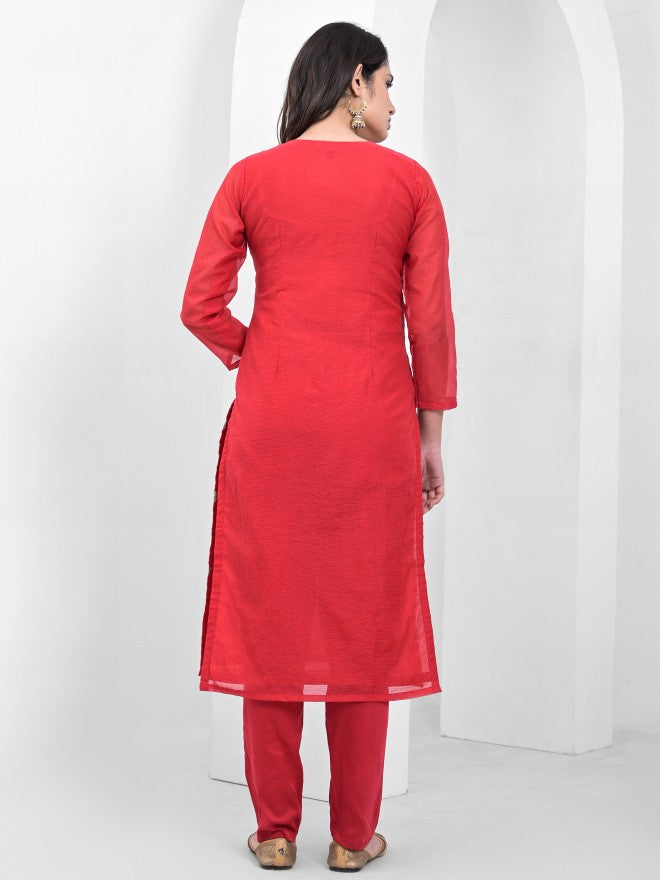 Vishudh Women Red Embroidered Kurta With Trousers And Dupatta - Red - Image 3