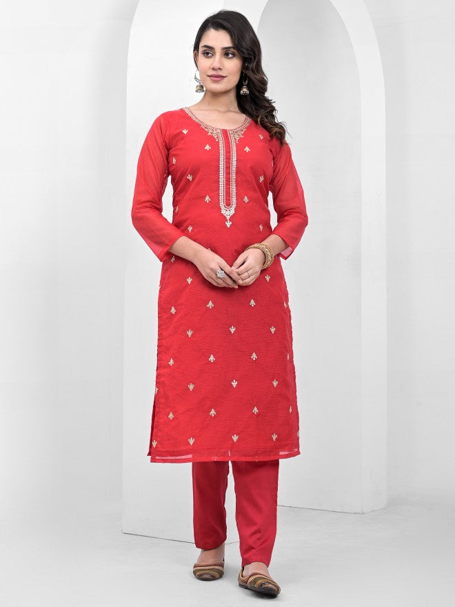 Vishudh Women Red Embroidered Kurta With Trousers And Dupatta - Red - Image 4