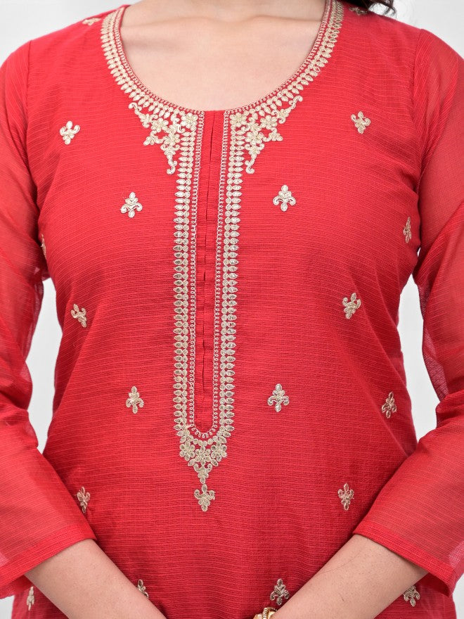 Vishudh Women Red Embroidered Kurta With Trousers And Dupatta - Red - Image 5