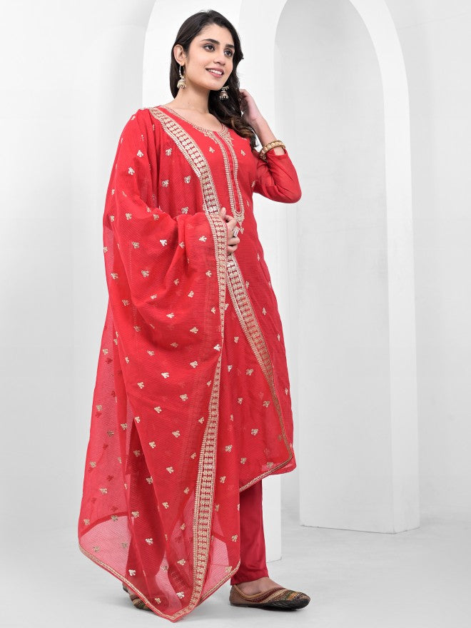 Vishudh Women Red Embroidered Kurta With Trousers And Dupatta - Red - Image 6