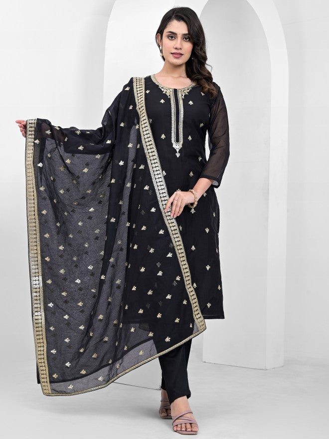 Vishudh Women Black Embroidered Kurta With Trousers And Dupatta - Black - Image 1