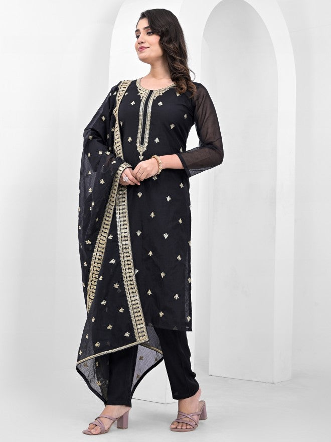 Vishudh Women Black Embroidered Kurta With Trousers And Dupatta - Black - Image 2