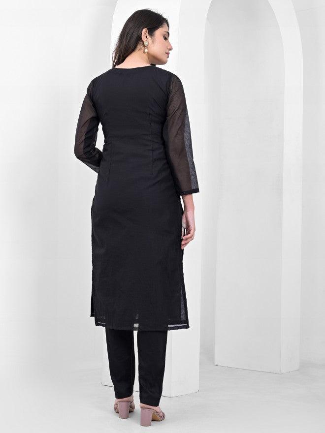 Vishudh Women Black Embroidered Kurta With Trousers And Dupatta - Black - Image 3