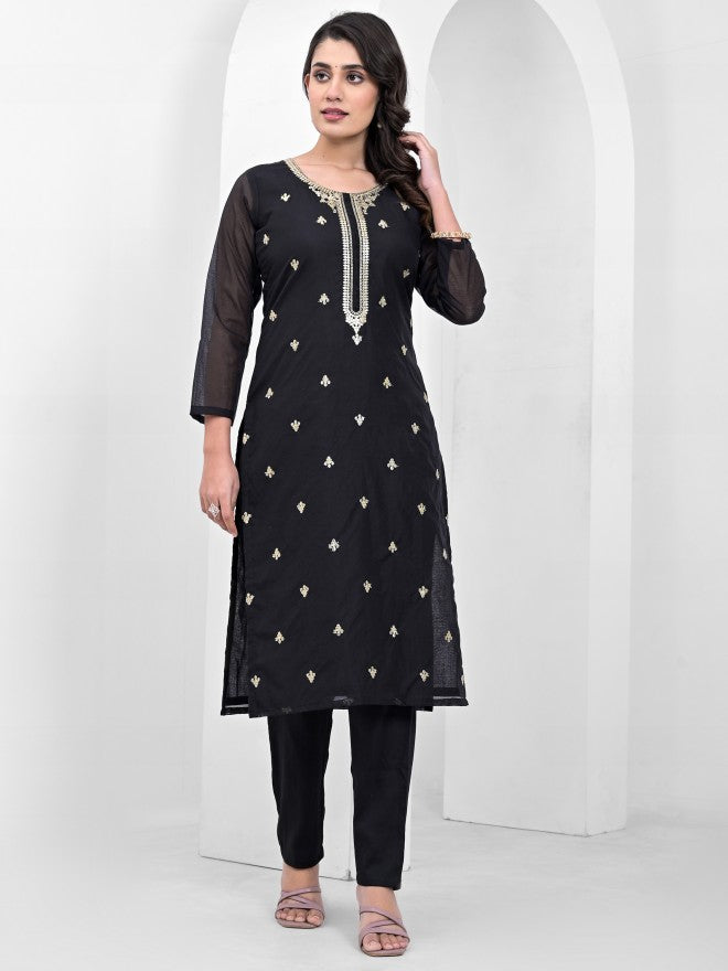 Vishudh Women Black Embroidered Kurta With Trousers And Dupatta - Black - Image 4