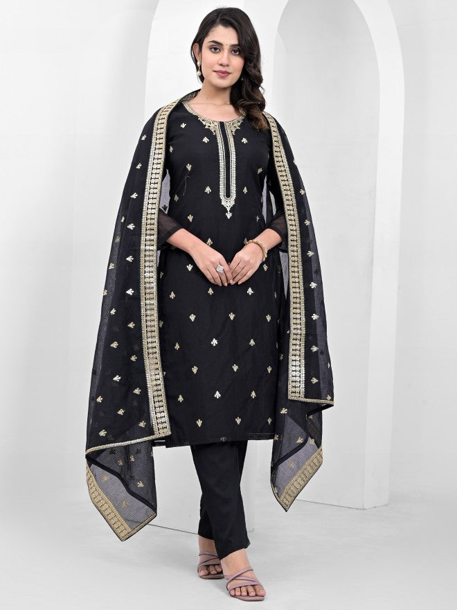 Vishudh Women Black Embroidered Kurta With Trousers And Dupatta - Black - Image 6