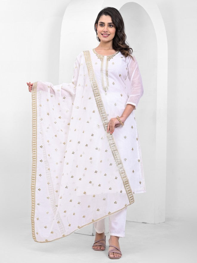 Vishudh Women White Embroidered Kurta With Trousers And Dupatta - White - Image 1