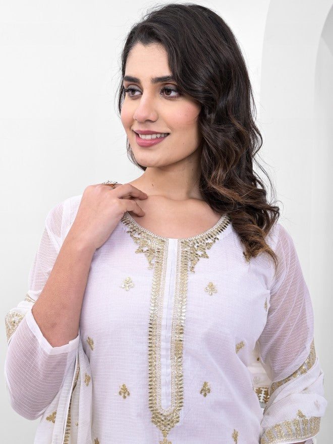 Vishudh Women White Embroidered Kurta With Trousers And Dupatta - White - Image 2