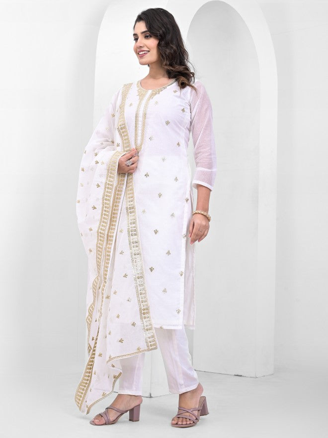 Vishudh Women White Embroidered Kurta With Trousers And Dupatta - White - Image 4