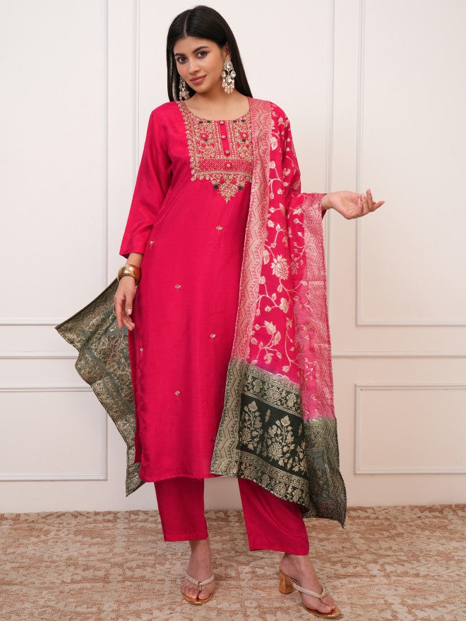 Vishudh Women Red Embroidered Kurta With Trouser And Dupatta - Red - Image 1