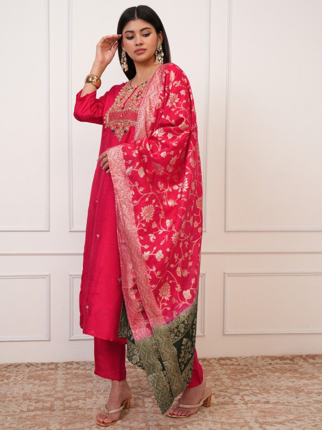 Vishudh Women Red Embroidered Kurta With Trouser And Dupatta - Red - Image 2