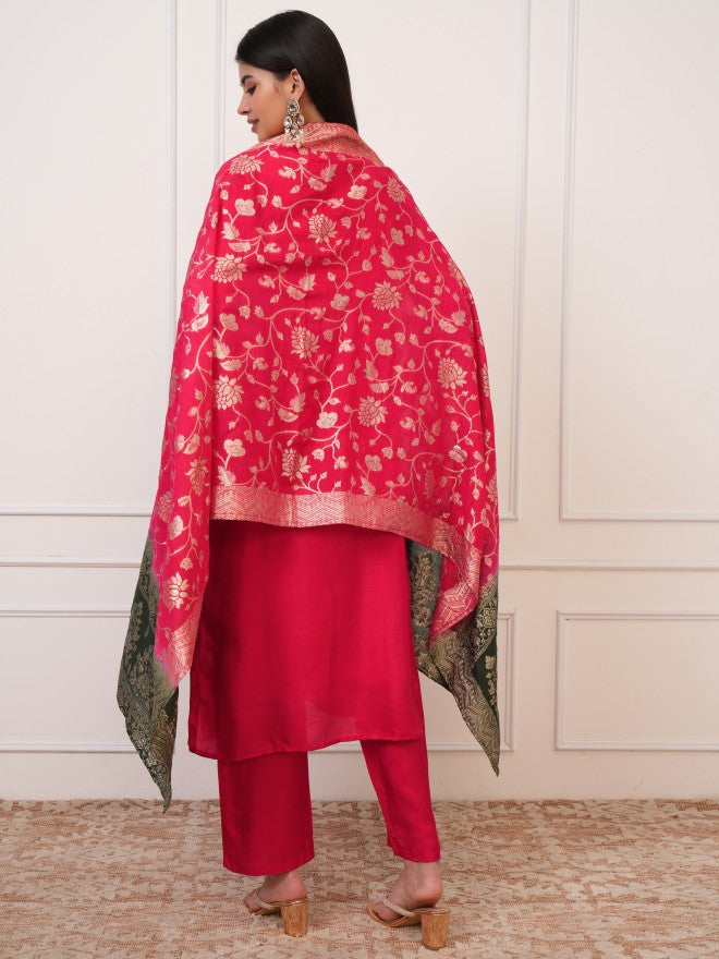 Vishudh Women Red Embroidered Kurta With Trouser And Dupatta - Red - Image 3
