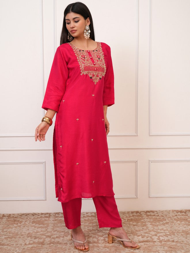 Vishudh Women Red Embroidered Kurta With Trouser And Dupatta - Red - Image 4