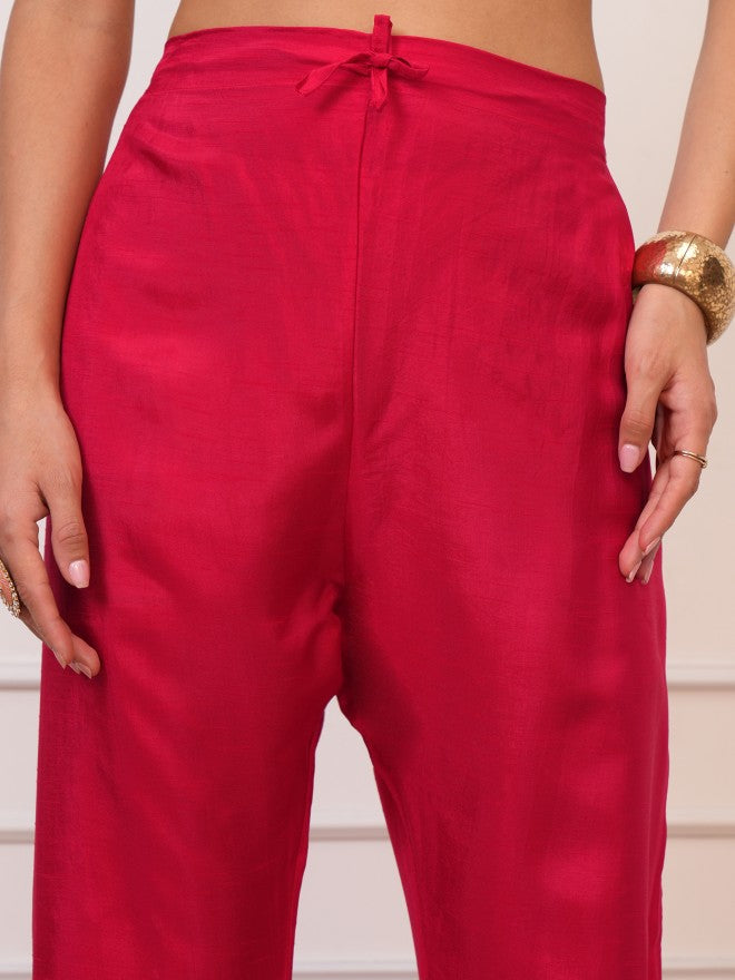 Vishudh Women Red Embroidered Kurta With Trouser And Dupatta - Red - Image 6