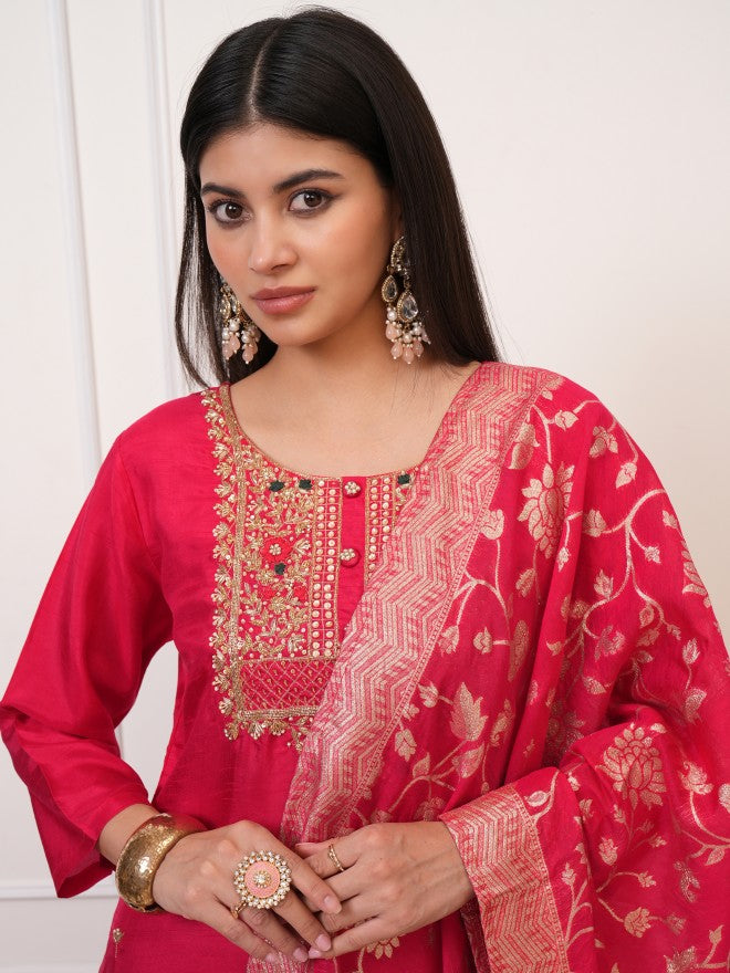 Vishudh Women Red Embroidered Kurta With Trouser And Dupatta - Red - Image 8