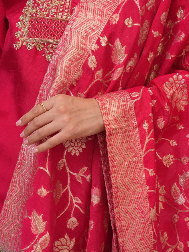 Vishudh Women Red Embroidered Kurta With Trouser And Dupatta - Red - Image 9