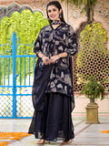 Vishudh Women Navy Blue Printed Kurta With Sharara And Dupatta - Navy Blue - Image 1