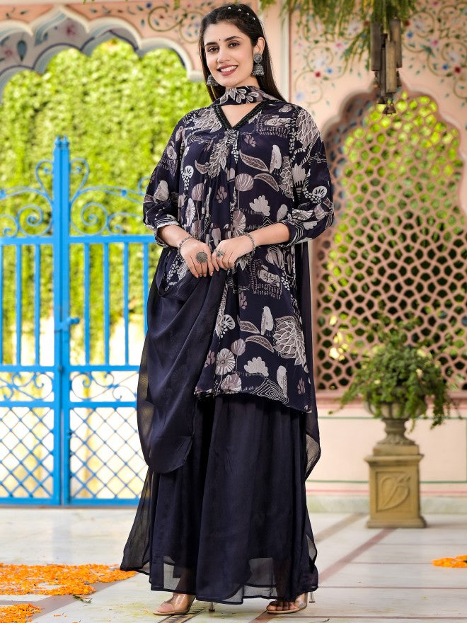 Vishudh Women Navy Blue Printed Kurta With Sharara And Dupatta - Navy Blue - Image 1