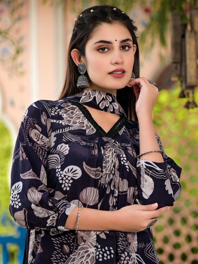 Vishudh Women Navy Blue Printed Kurta With Sharara And Dupatta - Navy Blue - Image 2