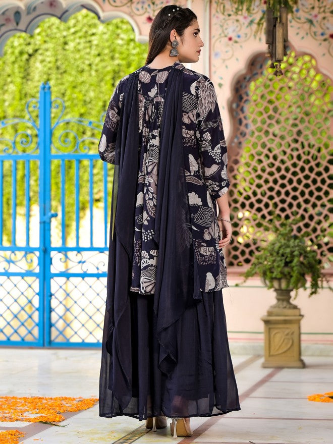 Vishudh Women Navy Blue Printed Kurta With Sharara And Dupatta - Navy Blue - Image 3