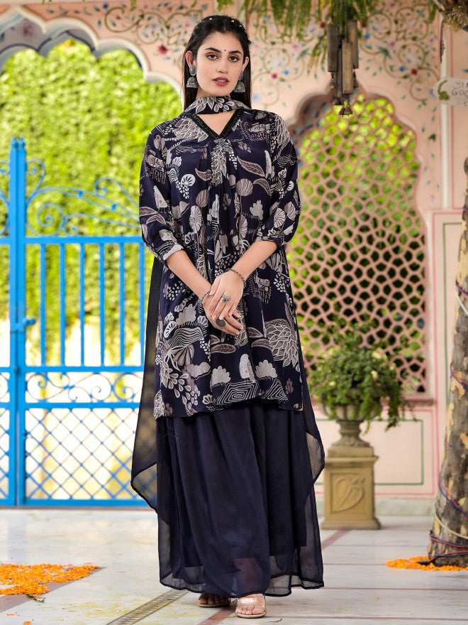 Vishudh Women Navy Blue Printed Kurta With Sharara And Dupatta - Navy Blue - Image 4