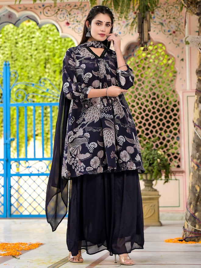 Vishudh Women Navy Blue Printed Kurta With Sharara And Dupatta - Navy Blue - Image 6