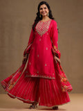 Vishudh Women Pink Embroidered Kurta With Sharara And Dupatta - Pink - Image 1
