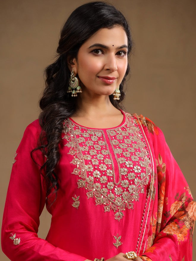 Vishudh Women Pink Embroidered Kurta With Sharara And Dupatta - Pink - Image 2